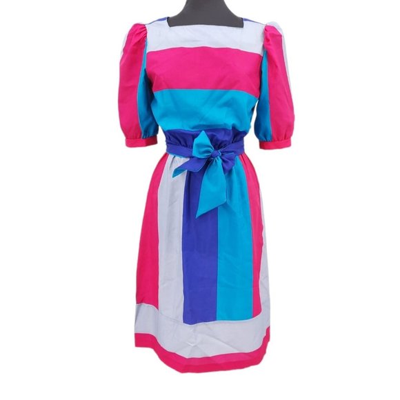 Vintage Dresses & Skirts - VTG 80s Pink Teal Gray Color Block Square Neck Puffy Sleeves Tie Waist Dress M